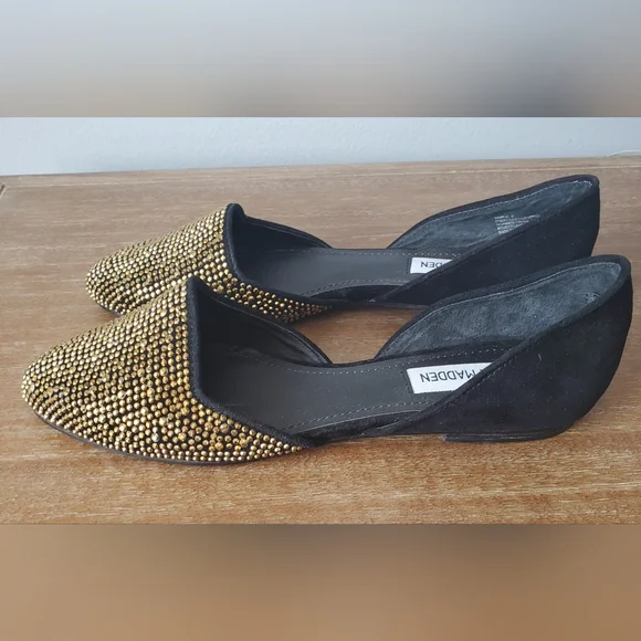 Steve Madden Vamp-G Women's 8 d'Orsay Flats Shoes Black Suede Gold Rhinestones - Picture 5 of 11